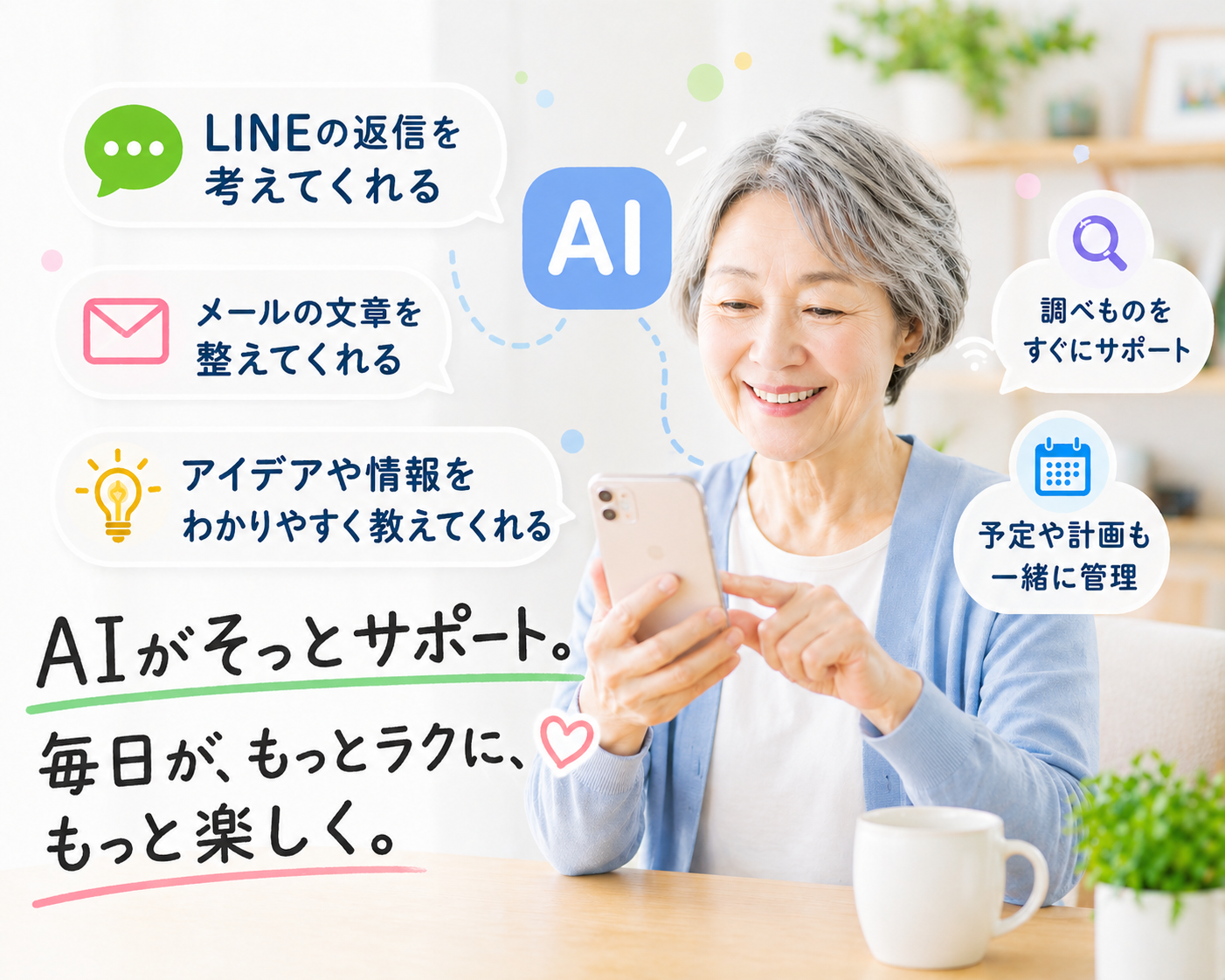 スマホでAIを使うシニア女性のイメージ